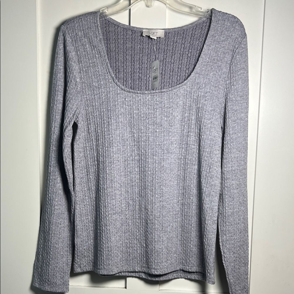 NWT LOFT Textured Knit Square Neck Long Sleeve Top Violet Gray Blouse Sz L